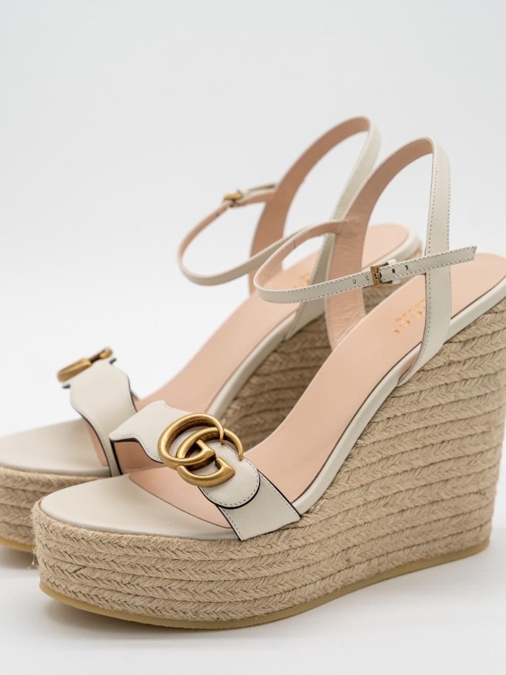 size 42G 12 US Gucci Marmont Wedge Espadrille Sandals GG White Leather